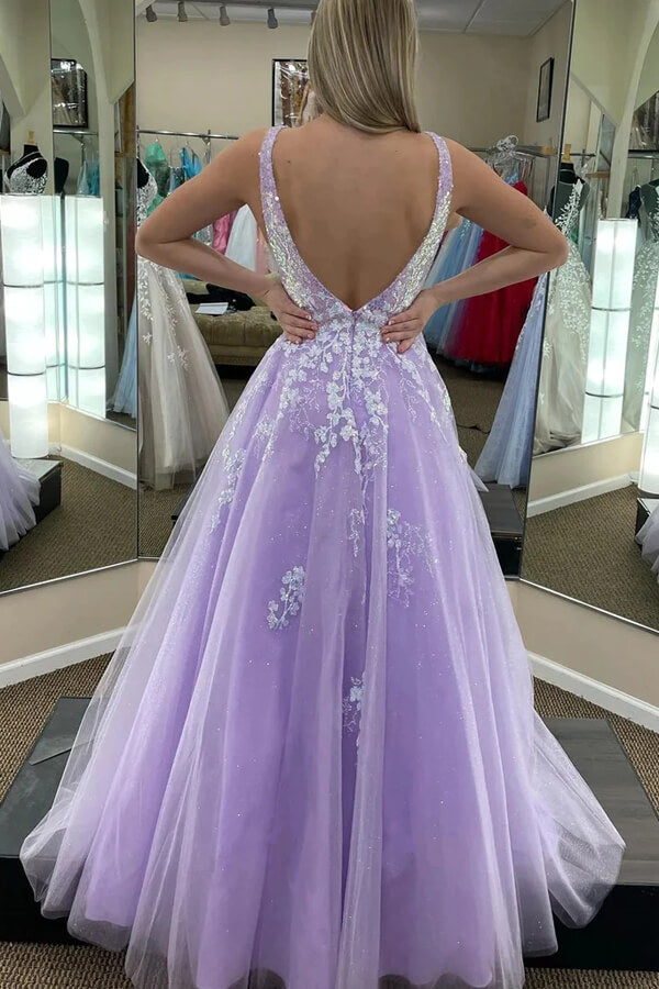 Purple Tulle A-line V-neck Open Back Prom Dresses with Lace Appliques, SP923 | tulle lace prom dress | long prom dresses | evening gown | simidress.com