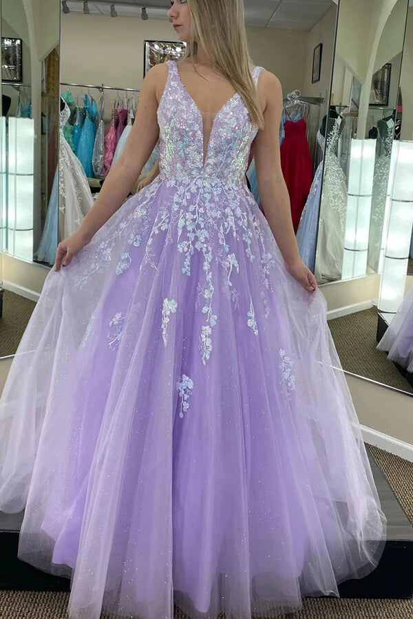 Purple Tulle A-line Prom Dresses with Lace Appliques SP923 | Simidress Purple Tulle A-line Prom Dresses with Lace Appliques SP923 | Simidress