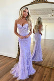 Purple Tulle Mermaid Sweetheart Neck Lace Appliques Long Prom Dress, SP897