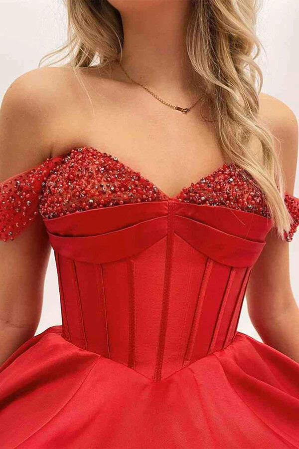 Red A-line Beaded Off-the-Shoulder Long Prom Dresses, Evening Dresses, SP905 | evening dresses online | satin prom dresses | long prom dresses near me | simidress.com