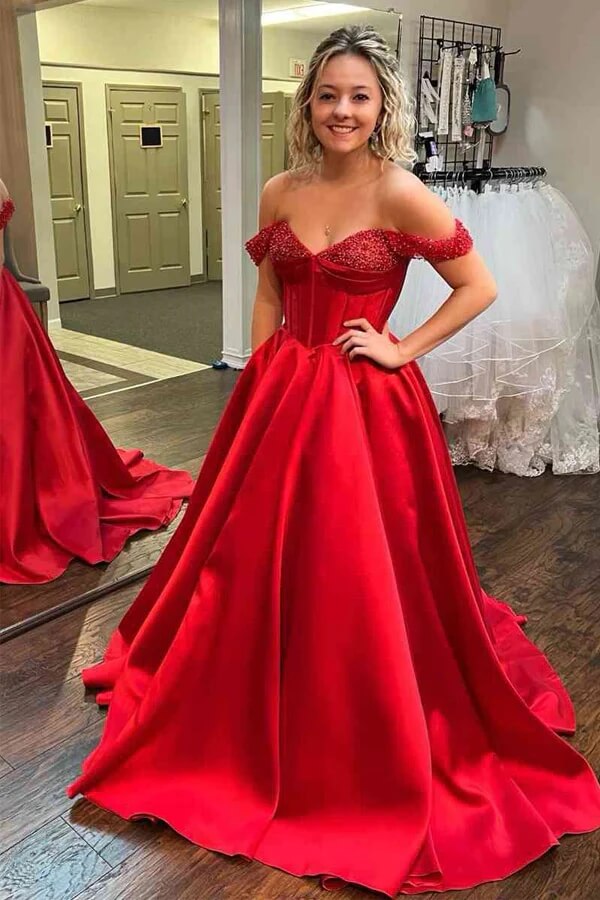 Red A-line Beaded Off-the-Shoulder Long Prom Dresses SP905