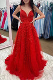 Red A-line V-neck Lace Appliques Long Prom Dresses, Cheap Evening Gowns, SP837