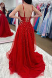 Red A-line V-neck Lace Appliques Long Prom Dresses, Cheap Evening Gowns, SP837 | evening dresses | long formal dresses | party dresses online | simidress.com