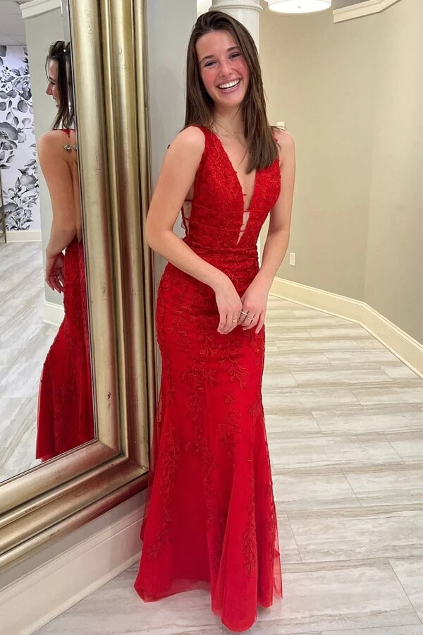 Red Lace Mermaid V-neck Floor Length Prom Dress, Long Formal Dresses, SP809 | red prom dresses | cheap long prom dresses | evening gown | www.simidress.com