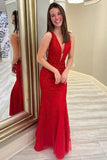 Red Lace Mermaid V-neck Floor Length Prom Dress, Long Formal Dresses, SP809