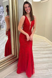 Red Lace Mermaid V-neck Floor Length Prom Dress, Long Formal Dresses, SP809 | red prom dresses | cheap long prom dresses | evening gown | www.simidress.com