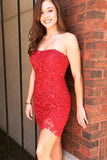 Red Lace Strapless Tight Short Homecoming Dresses, Graduation Dresses, SH612 | lace homecoming dresses | cheap homecoming dresses | school event dresses | simidress.com