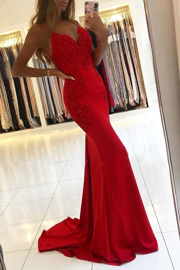 Red Mermaid V-neck Backless Prom Dresses With Lace, Formal Dresses, SP955 | red prom dresses | lace prom dress | simple prom dress | simidress.com