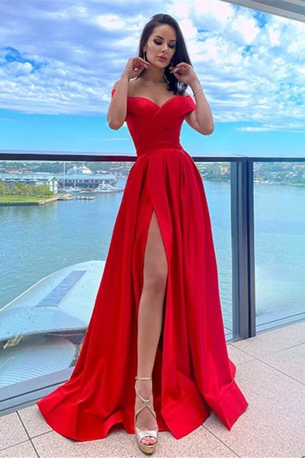 Red Satin A-line Off-the-Shoulder Prom Dresses With Slit, Evening Dress, SP903 | simple prom dresses | a line prom dresses | long formal dress | simidress.com
