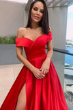 Red Satin A-line Off-the-Shoulder Prom Dresses With Slit, Evening Dress, SP903 | prom dresses online | evening dresses | party dress | simidress.com