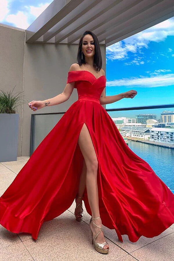 Red Satin A-line Off-the-Shoulder Prom Dresses With Slit, Evening Dress, SP903 | red prom dresses | cheap long prom dress | evening dresses | simidress.com