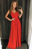 Red Satin A-line Spaghetti Straps Backless Prom Dresses, Evening Dress, SP703