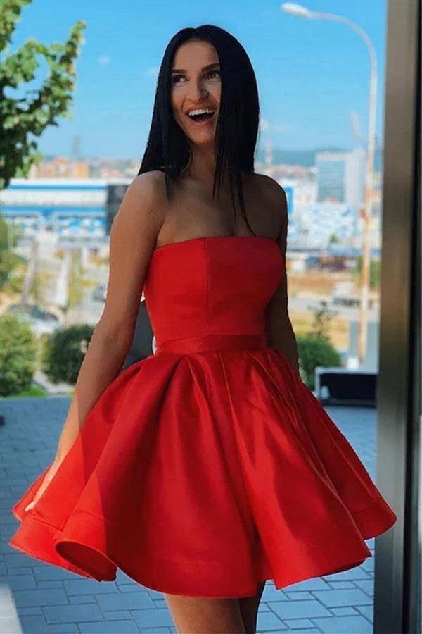 Red satin short prom dress best sale