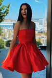 Red Satin A-line Strapless Short Homecoming Dresses, Short Party Dresses, SH567