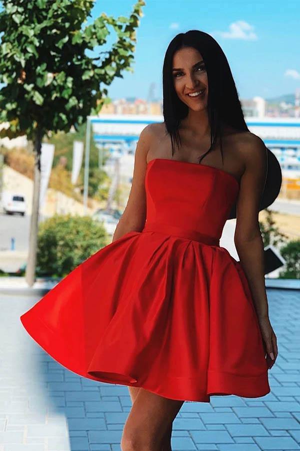 Red Satin A-line Strapless Short Homecoming Dresses, Short Party Dresses, SH567 | red homecoming dress | satin homecoming dress | school event dresses | Simidress