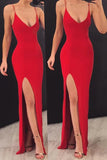 Red Satin Mermaid Spaghetti Straps V-neck Long Prom Dresses With Slit, SP908 | cheap prom dresses | long formal dresses | evening gown | simidress.com