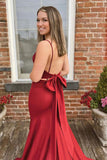 Red Satin Mermaid V-neck Long Prom Dresses with Bow, Evening Gown, SP758 | party dresses | long formal dress | evening dresses online | www.simidress.com