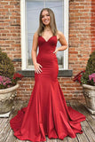 Red Satin Mermaid V-neck Long Prom Dresses with Bow, Evening Gown, SP758