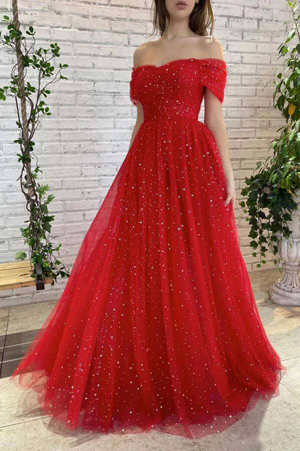 Red Tulle Off Shoulder Prom Dresses, Formal Dresses, SP812