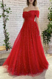 Red Tulle A-line Off-the-Shoulder Prom Dresses, Long Formal Dresses, SP812