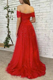 Red Tulle A-line Off-the-Shoulder Prom Dresses, Long Formal Dresses, SP812 | shiny prom dresses | evening dresses | party dresses | www.simidress.com