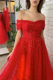 Red Tulle A-line Off-the-Shoulder Prom Dresses, Long Formal Dresses, SP812 | cheap long prom dresses | red tulle prom dresses | vintage prom dress | www.simidress.com