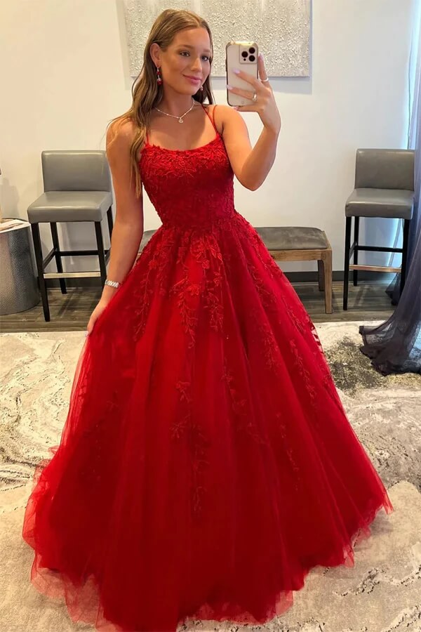 lace red dress prom Red Tulle A-line Scoop Lace Appliques Prom Dresses, SP927