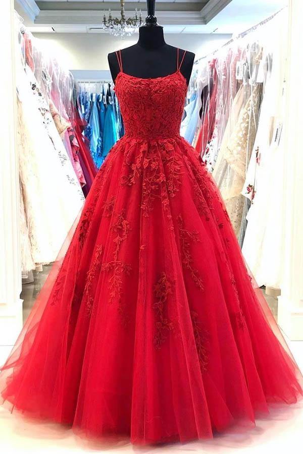 Red Tulle Spaghetti Straps Lace Appliques Prom Dress SP764