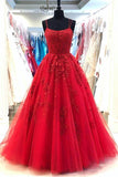 Red Tulle A-line Spaghetti Straps Lace Appliques Prom Dress, Evening Gown, SP764
