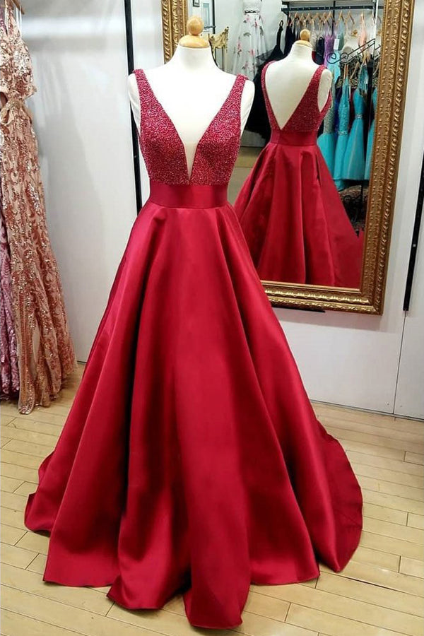A Line Red V-Neck Quinceanera Dresses Beading Backless Cheap Long Prom Dress M219