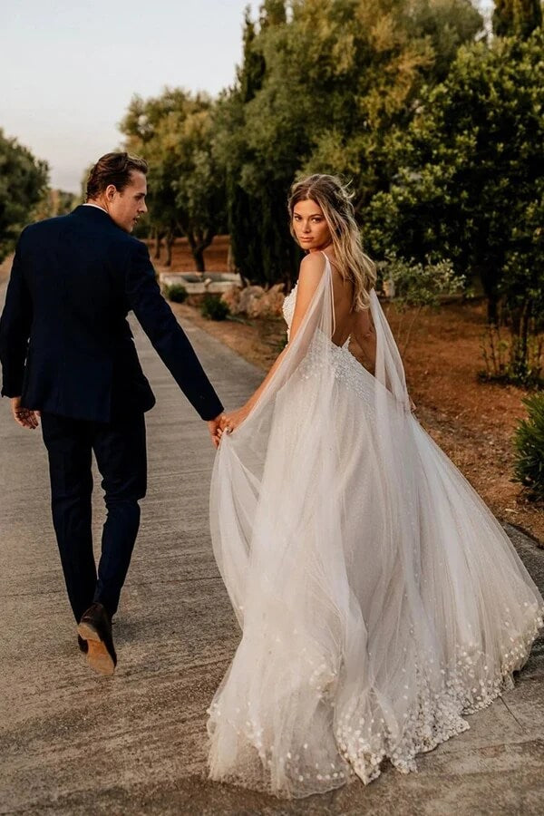 Romantic A-line Open Back Spaghetti Straps Wedding Dresses Bridal Gown, SW593 | tulle wedding dress | beach wedding dress | a line wedding dress | simidress.com
