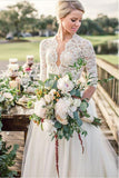 Romantic Ivory Tulle Lace A-line V-neck Sweep Train  Wedding Dresses, SW467 | lace wedding dresses | half sleeves wedding dresses | wedding gowns online | www.simidress.com