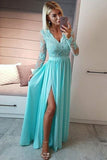 Royal Blue Chiffon A-line Long Sleeves Prom Dresses With Lace Appliques, SP967 | a line prom dresses | cheap prom dresses online | lace prom dress | simidress.com