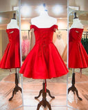 Royal Blue Satin A-line Off Shoulder Lace up Back Homecoming Dresses, SH623 | sweet 16 dresses | short party dresses | red homecoming dresses | simidress.com
