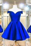 Royal Blue Satin A-line Off Shoulder Lace up Back Homecoming Dresses, SH623