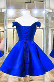 Royal Blue Satin A-line Off Shoulder Lace up Back Homecoming Dresses, SH623 | simple homecoming dresses | short homecoming dresses | graduation dresses | simidress.com
