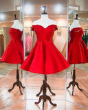 Red Satin A-line Off Shoulder Lace up Back Homecoming Dresses, SH623 | school event dresses | short party dresses | short prom dresses | simidress.com