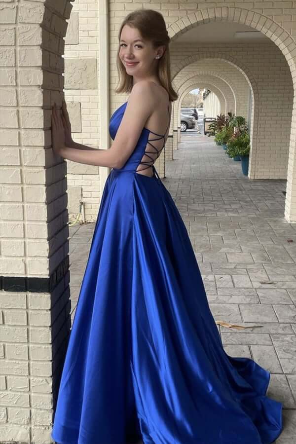 Blue satin long prom dress blue satin evening dress – dresstby