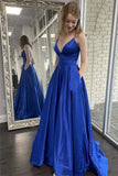 Royal Blue Satin A-line V-neck Prom Dresses, Evening Gown With Pockets, SP727
