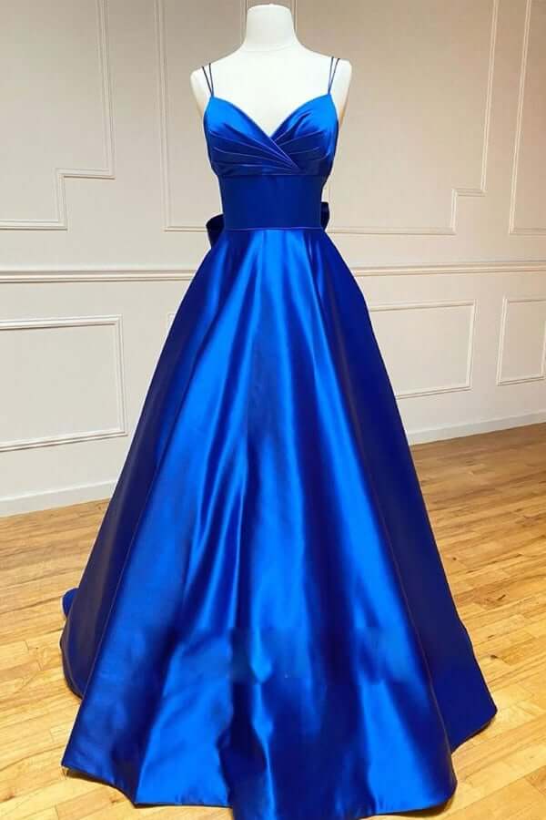 Royal Blue Satin A-line V-neck Spaghetti Straps Prom Dresses, Evening Gown, SP737 | royal blue prom dresses | satin prom dresses | evening gown | www.simidress.com