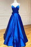 Royal Blue Satin A-line V-neck Spaghetti Straps Prom Dresses, Evening Gown, SP737