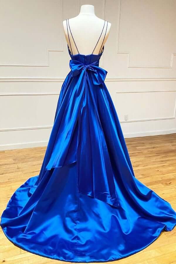 Royal Blue Satin A-line V-neck Spaghetti Straps Prom Dresses, Evening Gown, SP737 | simple prom dresses | a line prom dresses | long formal dresses | www.simidress.com