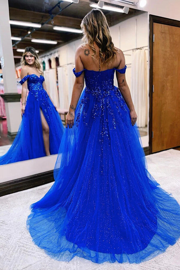 Royal Blue Tulle A-line Off Shoulder Long Prom Dress SP916