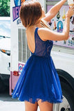 Royal Blue Tulle A-line V-neck Beaded Homecoming Dress With Appliques, SH592 | school event dresses | short party dresses | graduation dresses | simidress.com
