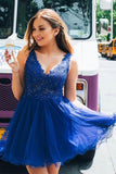 Royal Blue Tulle A-line V-neck Beaded Homecoming Dress With Appliques, SH592 | blue homecoming dresses | lace homecoming dresses | short prom dresses | simidress.com