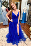 Royal Blue Tulle A-line V-neck Prom Dresses with Slit, Long Formal Dresses, SP800
