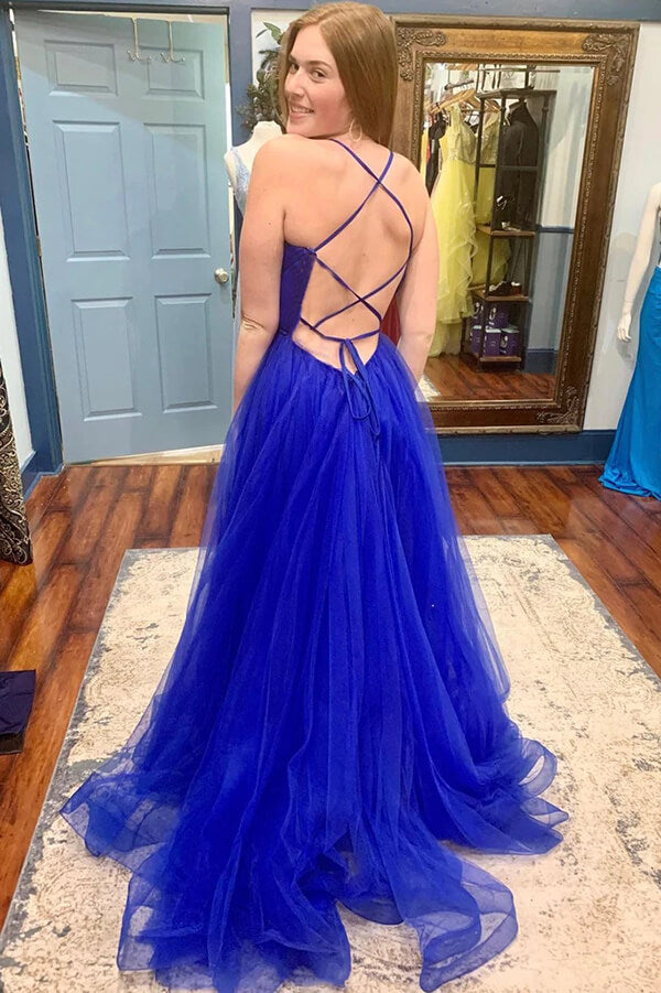 Royal Blue Tulle A-line V-neck Prom Dresses with Slit, Long Formal Dresses, SP800 | a line blue prom dresses | evening gowns | party dresses | www.simidress.com
