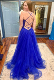 Royal Blue Tulle A-line V-neck Prom Dresses with Slit, Long Formal Dresses, SP800 | a line blue prom dresses | evening gowns | party dresses | www.simidress.com
