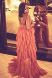 Rust Tiered Tulle Ruffles A-line Sweetheart Long Prom Dresses, Evening Dress, SP836