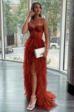 Rust Tiered Tulle Ruffles A-line Sweetheart Long Prom Dresses, Evening Dress, SP836